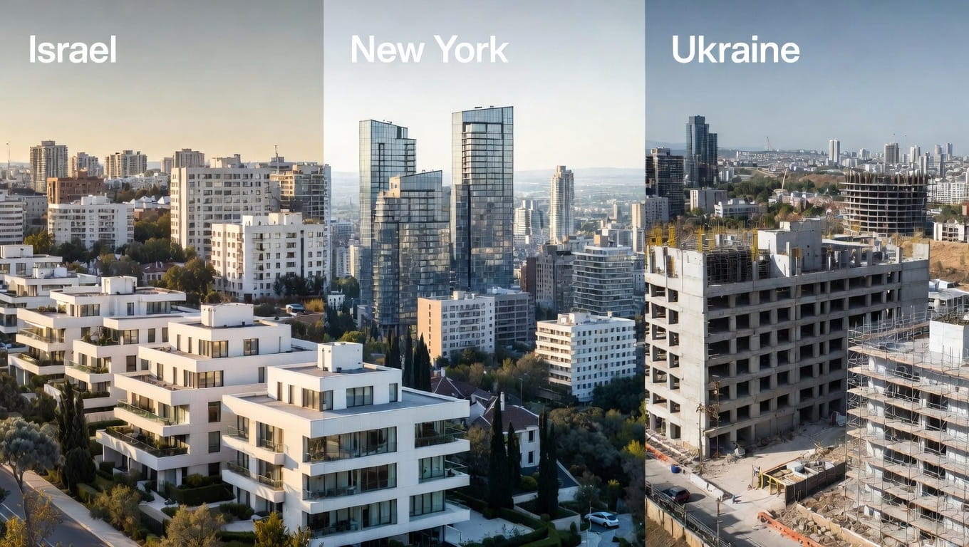 Panoramic montage of prime real estate markets: modern Israeli residential towers, iconic New York Manhattan skyline, and Ukraine urban reconstruction skyline - Foundation investment platform